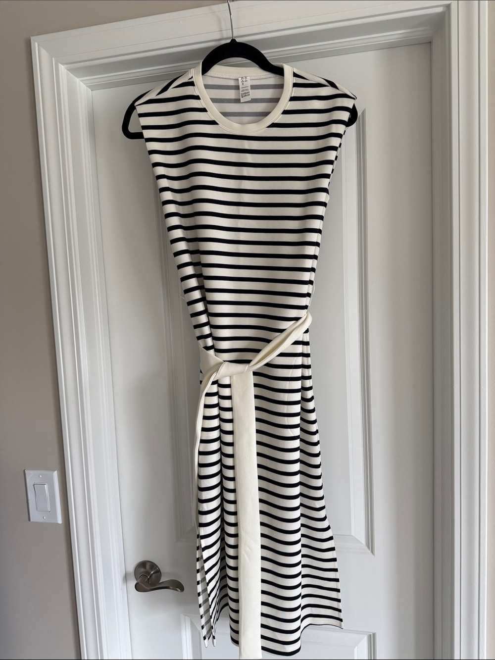 SPANX Black and White Striped Midi Dress with Waist Tie
